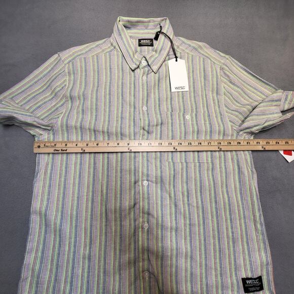 Wezc Linen Blend Shirt Mens M Striped Button Up Short Sleeve - Picture 6 of 8